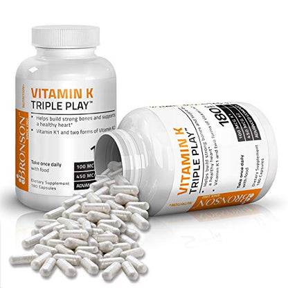 Bronson Vitamin K Triple Play (Vitamin K2 MK7 / Vitamin K2 MK4 / Vitamin K1) Full Spectrum Complex Vitamin K Supplement, 180 Capsules