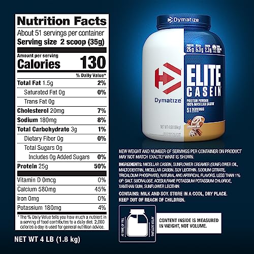 Dymatize Elite Protein Powder, Slow Absorbing with Muscle Building Amino Acids, 100% Micellar Casein, 25 g Protein, 5.4 g BCAAs & 2.3 g Leucine, Helps Overnight Recovery, Cinnamon Bun, 64 Oz