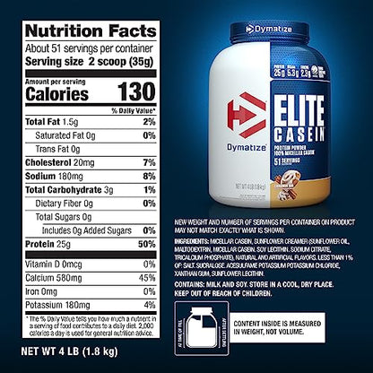 Dymatize Elite Protein Powder, Slow Absorbing with Muscle Building Amino Acids, 100% Micellar Casein, 25 g Protein, 5.4 g BCAAs & 2.3 g Leucine, Helps Overnight Recovery, Cinnamon Bun, 64 Oz