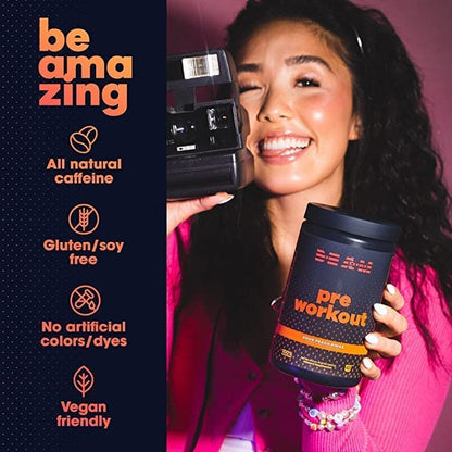 BEAM Be Amazing Vegan Pre-Workout Powder | Energy Booster Powdered Drink with All-Natural Caffeine, No Crash, No Jitters | Gluten-Free Supplement with Adaptogens | Sour Peach Rings, 40 Scoops