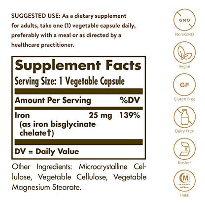 Solgar Gentle Iron, 240 Vegetable Capsules - Ideal for Sensitive Stomachs - Non-Constipating  - Red Blood Cell Supplement - Non GMO, Vegan, Gluten Free, Dairy Free, Kosher - 240 Servings