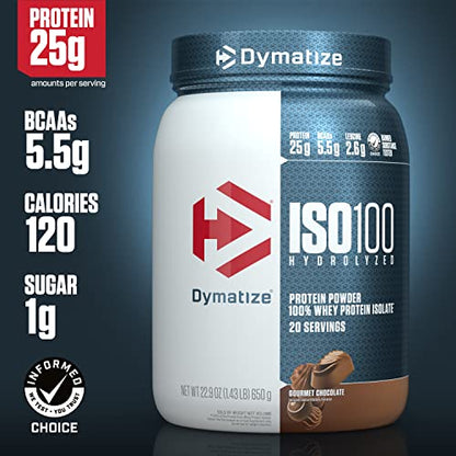 Dymatize ISO100 Hydrolyzed Protein Powder, 100% Whey Isolate , 25g of Protein, 5.5g BCAAs, Gluten Free, Fast Absorbing, Easy Digesting, Gourmet Chocolate, 20 Servings