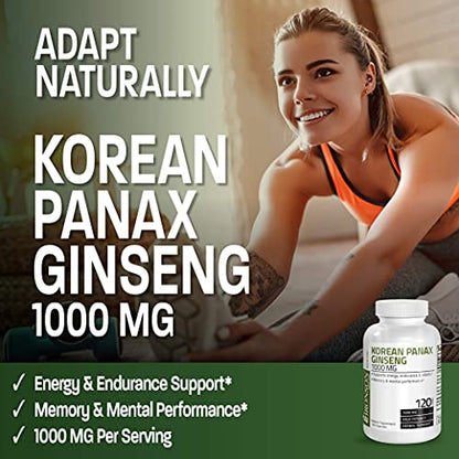 Bronson Korean Panax Ginseng 1000 mg Supports Energy, Endurance & Vitality + Memory and Mental Performance, 120 Capsules