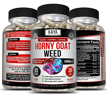 Kaya Naturals Horny Goat Weed Extract for Adult Enhancement - 1560mg Maca | Extra Strength Complex with Saw Palmetto Ginseng, Arginine Libido Enhancing Vitamin Supplement | Horny Goat Weed - 60 Count