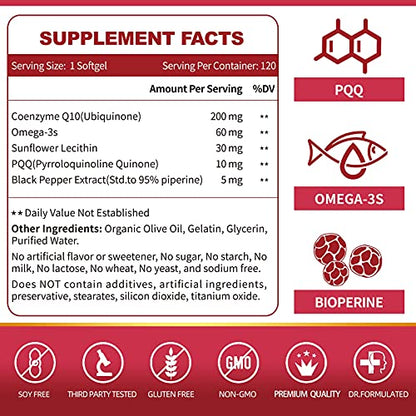 CoQ10-200mg-Softgels with PQQ, BioPerine & Omega-3, 120 Servings Coenzyme Q10(Ubiquinone) Supplement for High-Absorption, Powerful-Antioxidant, Support Heart & Energy-Production