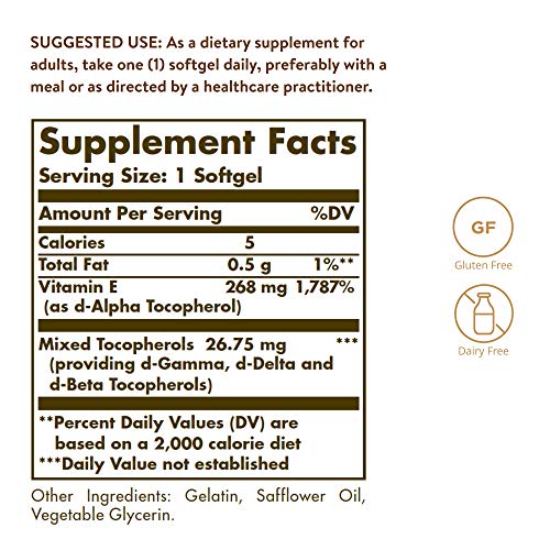 Solgar Vitamin E 268 mg (400 IU), 250 Mixed Softgels - Natural Antioxidant, Skin & Immune System Support - Naturally-Sourced Vitamin E - Gluten Free, Dairy Free - 250 Servings