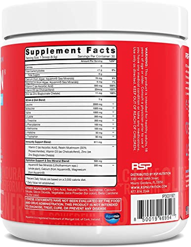 RSP AminoLean Recovery - Post Workout BCAAs Amino Acids Supplement + Electrolytes, BCAAs and EAAs for Hydration Boost, Immunity Support - Muscle Recovery Drink, Vegan Aminos, Tropical Punch