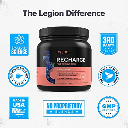 Legion Recharge Post Workout Supplement - All Natural Muscle Builder & Recovery Drink With Micronized Creatine Monohydrate. Naturally Sweetened & Flavored, Safe & Healthy. (Blue Raspberry, 60 Serving)