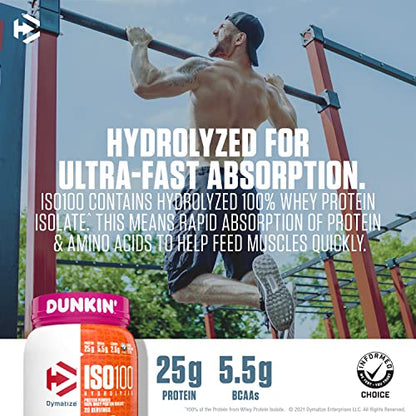 Dymatize ISO100 Hydrolyzed 100% Whey Isolate Protein Powder in Dunkin' Cappuccino Flavor, 25g Protein, 95mg Caffeine, 5.5g BCAAs, Gluten Free, Fast Absorbing, Easy Digesting, 21.5 Oz