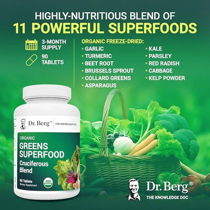 Dr. Berg's Greens Superfood Cruciferous Vegetable Tablets - Vegetable Supplements for Adults w/ 11 Phytonutrient Super Greens Tablets - Energy, Immune System & Liver Veggie Tablets - 90 Tablets