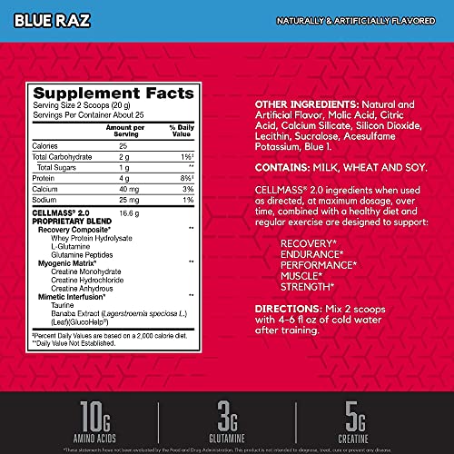 BSN CELLMASS 2.0 Post Workout Recovery with BCAA, Creatine, & Glutamine - Keto Friendly - Blue Raz, (25 Servings)