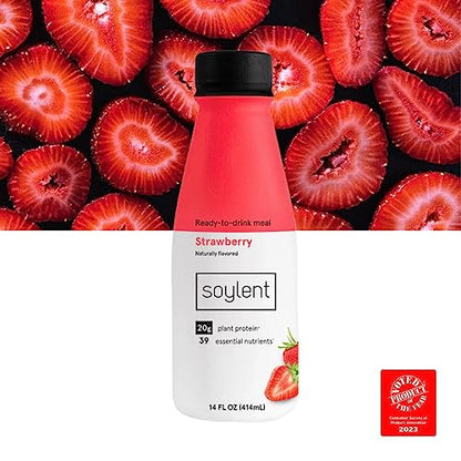 Soylent Strawberry Meal Replacement Shake, Ready-to-Drink Plant Based Protein Drink, Contains 20g Complete Vegan Protein and 1g Sugar, 14oz, 12 Pack