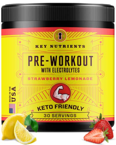 KeyNutrients Pre Workout + Electrolytes Powder + BCAA Blend: Delicious Strawberry Lemonade Preworkout with Electrolyte Powder - Pre Workout Powder | Pre Workout Women, Pre Workout Men with Creatine