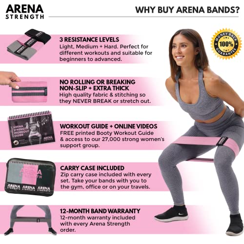 Arena Strength Fabric Booty Bands - Fabric Exercise Bands for Legs and Butt | Fabric Resistance Bands | Hip Resistance Bands Set of 3 with Workout Guide and Carry Case