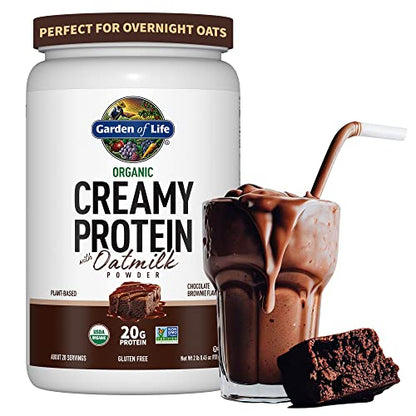 Garden of Life Creamy Organic Vegan Protein Powder + OatMilk, 20g Complete Plant Based Protein, Coconut Water, MCTs, Sprouted Grains, Prebiotics, Probiotics – Gluten-Free, Chocolate Brownie, 2 LBS