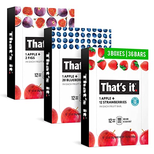 That’s it. Variety, 100% Natural Real Fruit Bar, High Fiber Vegan, Gluten Free Healthy Snack, Paleo for Children & Adults, Non GMO No Added Sugar (Blueberry, Strawberry, Fig) (36 Pack)