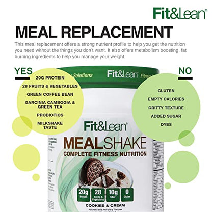 Fit & Lean Meal Shake, Fat Burning Meal Replacement, Meal Replacement with Protein, Fiber, Probiotics and Organic Fruits & Vegetables, Cookies and Cream, 1lb, 10 Servings Per Container