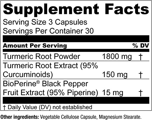 Essential Elements Turmeric Curcumin - Joint, Heart & Brain Support - with Bioperine for Increased Absorption 1950 mg - 90 Capsules