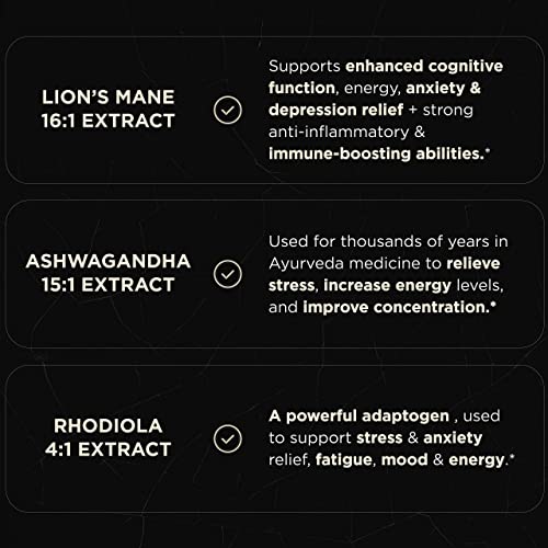 ELMNT 20,000mg 16x Strength Lions Mane Super Nootropic + Adaptogens Brain Supplement - Highest Potency Lion's Mane Extract 50% Polysaccharides w. Ashwagandha & Rhodiola for Focus, Energy, Memory