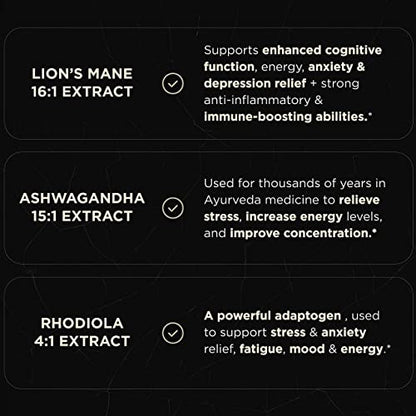 ELMNT 20,000mg 16x Strength Lions Mane Super Nootropic + Adaptogens Brain Supplement - Highest Potency Lion's Mane Extract 50% Polysaccharides w. Ashwagandha & Rhodiola for Focus, Energy, Memory