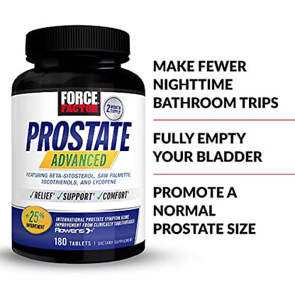 Force Factor Prostate Advanced, Health Supplement for Men for Reducing Nighttime Bathroom Trips, Bladder & Urinary Relief, with Saw Palmetto, Beta-Sitosterol, 180 Tablets (1-Pack)