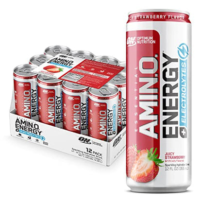 Optimum Nutrition Amino Energy Drink + Electrolytes for Hydration - Sugar Free, Amino Acids, BCAA, Keto Friendly, Sparkling Drink - Juicy Strawberry, Pack of 12 (Packaging May Vary)