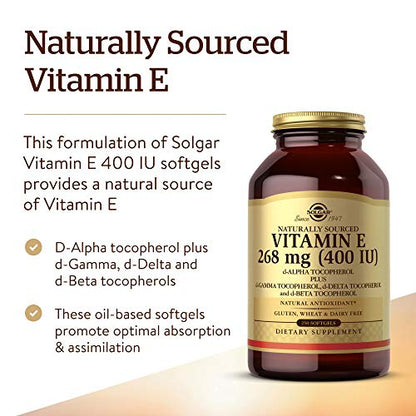 Solgar Vitamin E 268 mg (400 IU), 250 Mixed Softgels - Natural Antioxidant, Skin & Immune System Support - Naturally-Sourced Vitamin E - Gluten Free, Dairy Free - 250 Servings