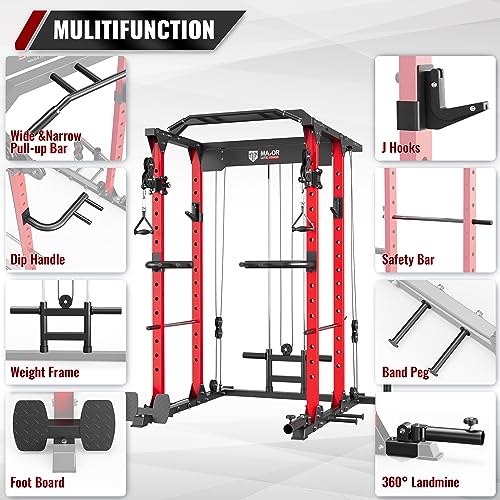 MAJOR LUTIE Power Cage with Weight Bench, 230LBS Weight Plates and Barbell, 1400 lbs Multi-Function Red Power Rack with Adjustable Cable Crossover System and More Exercise Machine Attachments