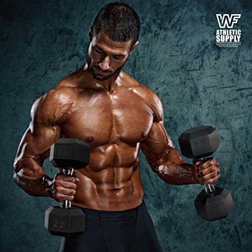 WF Athletic Supply Rubber Encased Hex Dumbbells with Rubber Grip Contoured Handle for Muscle Toning, Strength Building & Full Body Workout