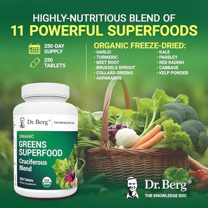 Dr. Berg's Greens Superfood Cruciferous Vegetable Tablets - Vegetable Supplements for Adults w/ 11 Phytonutrient Super Greens Tablets - Energy, Immune System & Liver Veggie Tablets - 250 Tablets