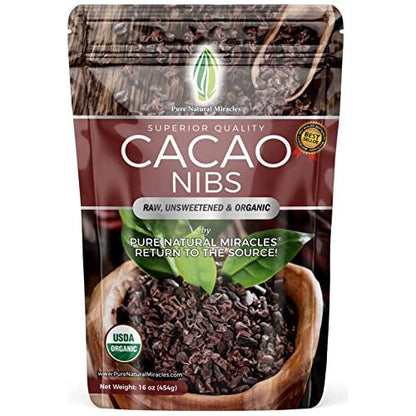 100% Pure Organic Cacao Nibs - 16 Oz - Unsweetened Dark Chocolate Nibs - Raw Cocoa Nibs