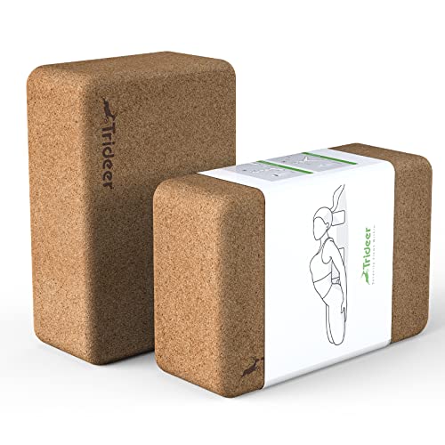 Trideer Cork Yoga Blocks, 2 Pack Yoga Blocks Natural Cork, High Density Yoga Block with Non Slip Surface, Eco-Friendly Yoga Accessories for Women, Ideal for Yoga, Pilates, Stretching, 9''*6''*3''