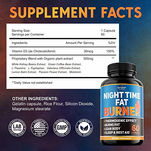 Kinpur Pharma Night Time Fat Burner for Men, Women - Weight Loss Supplement, Appetite Suppressant - Diet Pills That Work Fast - Energy, Metabolism Booster - Natural Plant Extract - 120 Caps in Total