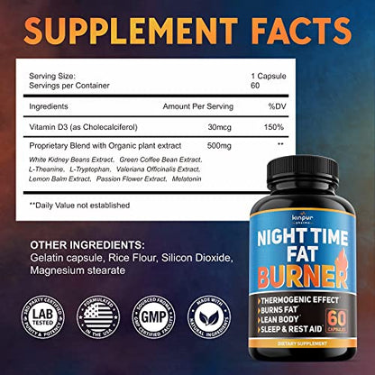 Kinpur Pharma Night Time Fat Burner for Men, Women - Weight Loss Supplement, Appetite Suppressant - Diet Pills That Work Fast - Energy, Metabolism Booster - Natural Plant Extract - 120 Caps in Total