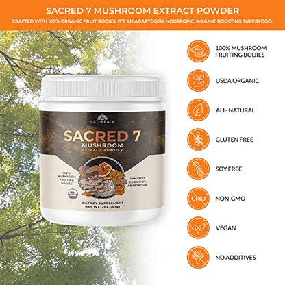 Naturealm Sacred 7 - Mushroom Extract Powder 8 oz - Chaga, Cordyceps, Lion's Mane, Maitake, Reishi, Shiitake & Turkey Tail - Organic Herbal Nootropic Supplement - Focus, Energy & Mental Performance