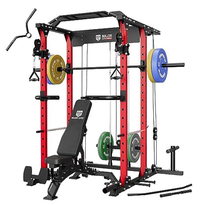 MAJOR LUTIE Power Cage with Weight Bench, 230LBS Weight Plates and Barbell, 1400 lbs Multi-Function Red Power Rack with Adjustable Cable Crossover System and More Exercise Machine Attachments