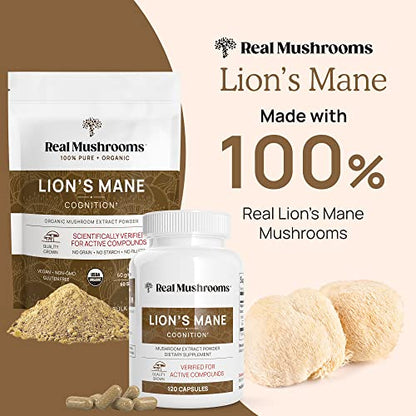 Real Mushrooms Lion’s Mane Capsules - Organic Lions Mane Mushroom Extract for Cognitive Function & Immune Support - Brain Supplements for Memory and Focus - Vegan Mushroom Supplement, 300 Caps