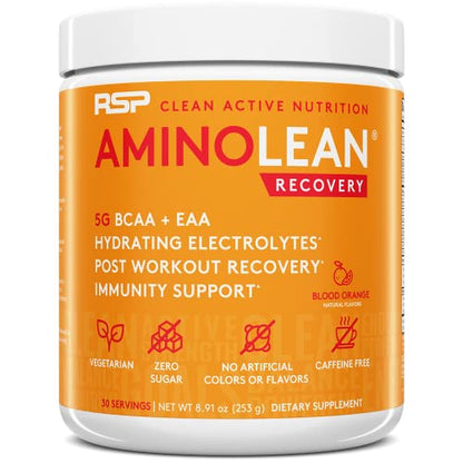 RSP AminoLean Recovery - Post Workout BCAAs Amino Acids Supplement + Electrolytes, BCAAs and EAAs for Hydration Boost, Immunity Support - Muscle Recovery Drink, Vegan Aminos, Blood Orange