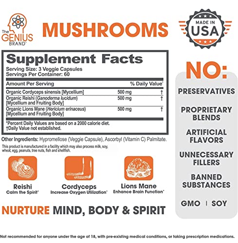 Genius Mushroom - Lions Mane, Cordyceps and Reishi - Nootropic Brain Supplement - Natural Energy, Memory & Liver Support, 180 Veggie Pills