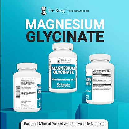 Dr. Berg's Magnesium Glycinate 400mg - Fully Chelated Veg Capsules for Stress, Calm, Relaxation & Sleep Support w/Vitamin D & B6-150