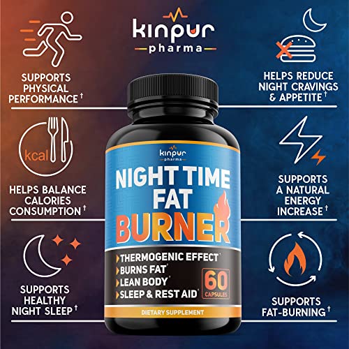 Kinpur Pharma Night Time Fat Burner for Men, Women - Weight Loss Supplement, Appetite Suppressant - Diet Pills That Work Fast - Energy, Metabolism Booster - Natural Plant Extract - 120 Caps in Total