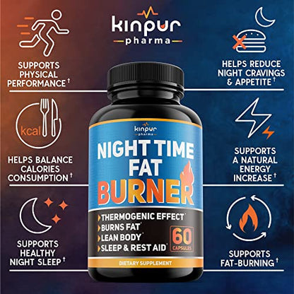 Kinpur Pharma Night Time Fat Burner for Men, Women - Weight Loss Supplement, Appetite Suppressant - Diet Pills That Work Fast - Energy, Metabolism Booster - Natural Plant Extract - 120 Caps in Total