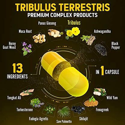 13in1 Tribulus Terrestris Capsules - 16000mg Per Serving with Maca, Horny Goat Weed, Panax Ginseng, Saw Palmetto, Tongkat Ali, Shilajit & More - Energy, Stamina Supplement for Men & Women - 120 Counts