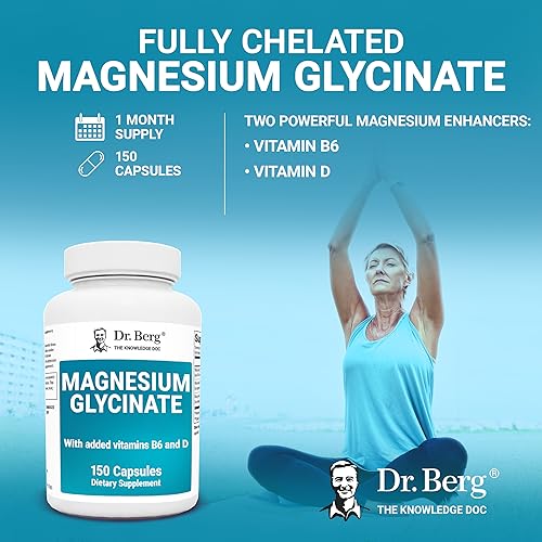 Dr. Berg's Magnesium Glycinate 400mg - Fully Chelated Veg Capsules for Stress, Calm, Relaxation & Sleep Support w/Vitamin D & B6-150