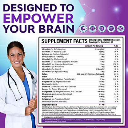 40-in-1 Brain Booster Supplements for Memory, Focus, Clarity, Energy, Performance | Natural Nootropics Brain Support Supplement with DMAE, Bacopa Monnieri & More | For Men & Women | 120 V Capsules