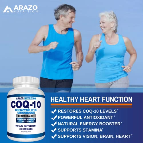 Arazo Nutrition CoQ10 Ubiquinone Coenzyme Q10-200mg Maximum Strength Nutritional Supplement - High Absorption Capsules with No Soy