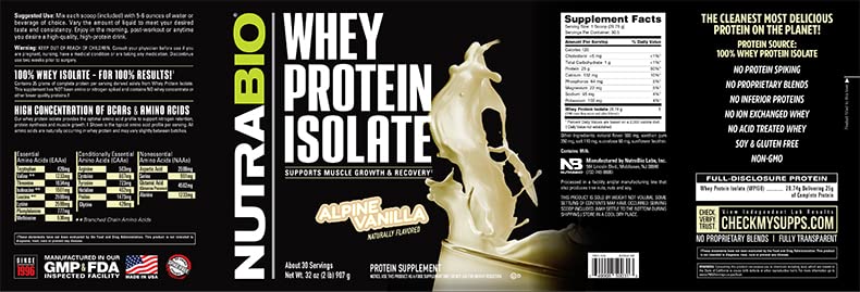 NutraBio 100% Whey Protein Isolate - Complete Amino Acid Profile - 25G of Protein Per Scoop - Soy and Gluten Free - Zero Fillers, Non-GMO, Protein Powder - Vanilla, 2 Pounds