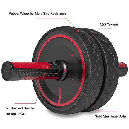 Readaeer Metal Handle Ab Roller Wheel with Knee Pad Abdominal Exercise for Home Gym Fitness Equipment Black & Red