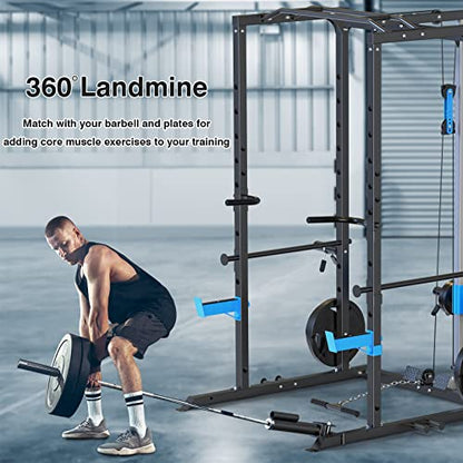 ULTRA FUEGO Power Cage, Multi-Functional Power Rack with J-Hooks, Dip Handles, Landmine Attachment and Optional Cable Pulley System for Home Gym (Power Cage with LAT Pulldown)