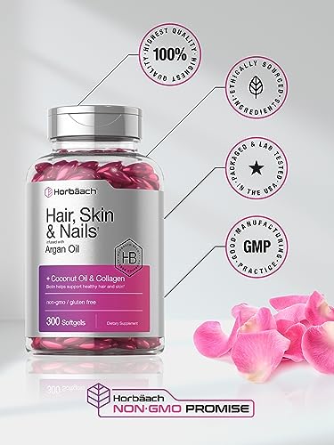 Hair Skin and Nails Vitamins | 300 Softgels | with Biotin and Collagen | Infused with Argan Oil and Coconut Oil | Non-GMO, Gluten Free Supplement | by Horbaach